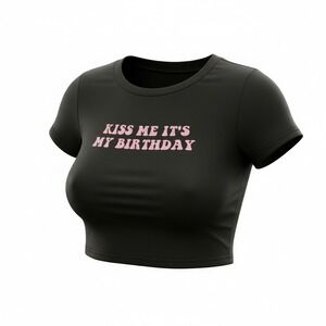 New Small "Kiss Me, It's My Birthday" Baby Crop Tee Black Y2k Top Goth Grunge 90